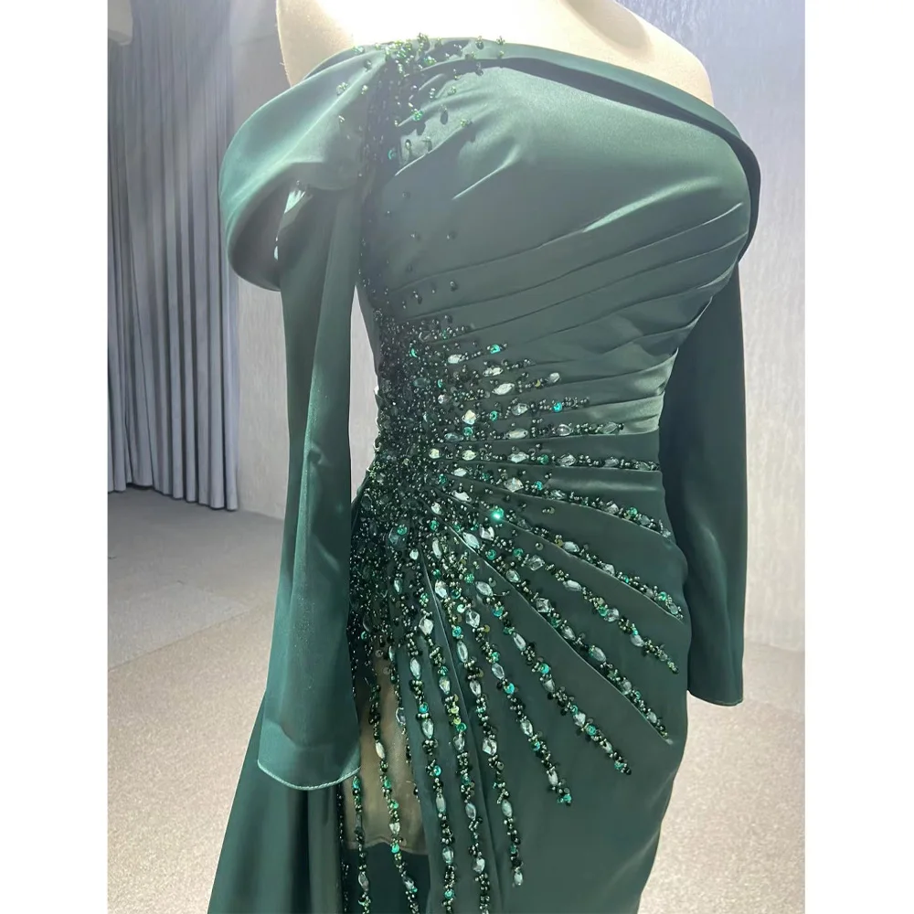 Abito da sera verde senza spalline con maniche lunghe, allacciatura sul retro, cristalli, drappeggiato, personalizzabile 2026