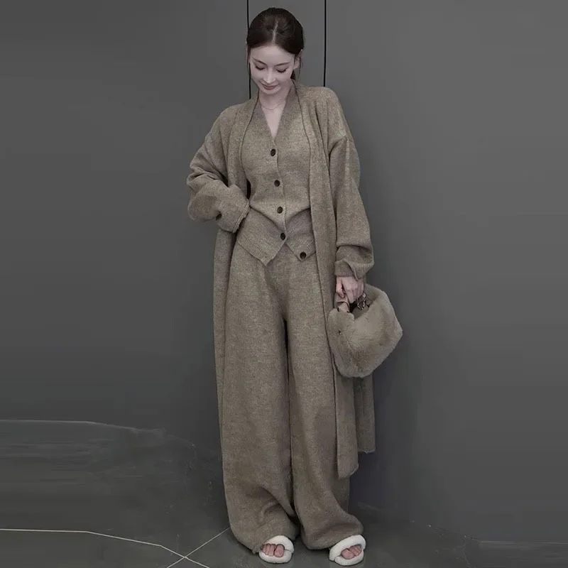 3 Piece Set Muslim Women Waistcoat Single Breasted Long Cardigan Sweater Coat Knitted Wide Leg Pants Suit Knitting Ensemble