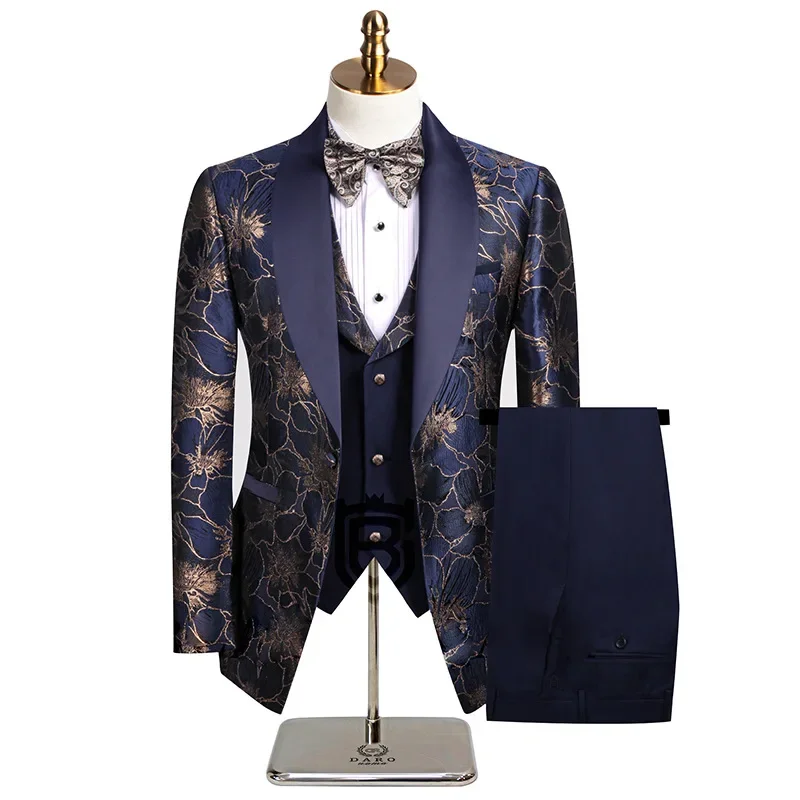 Elegant Wedding 3 Piece Jacket Pants Vest Full Set Luxury Single Breasted Peak Lapel Purple Male Clothing Men's Suits Blazer
