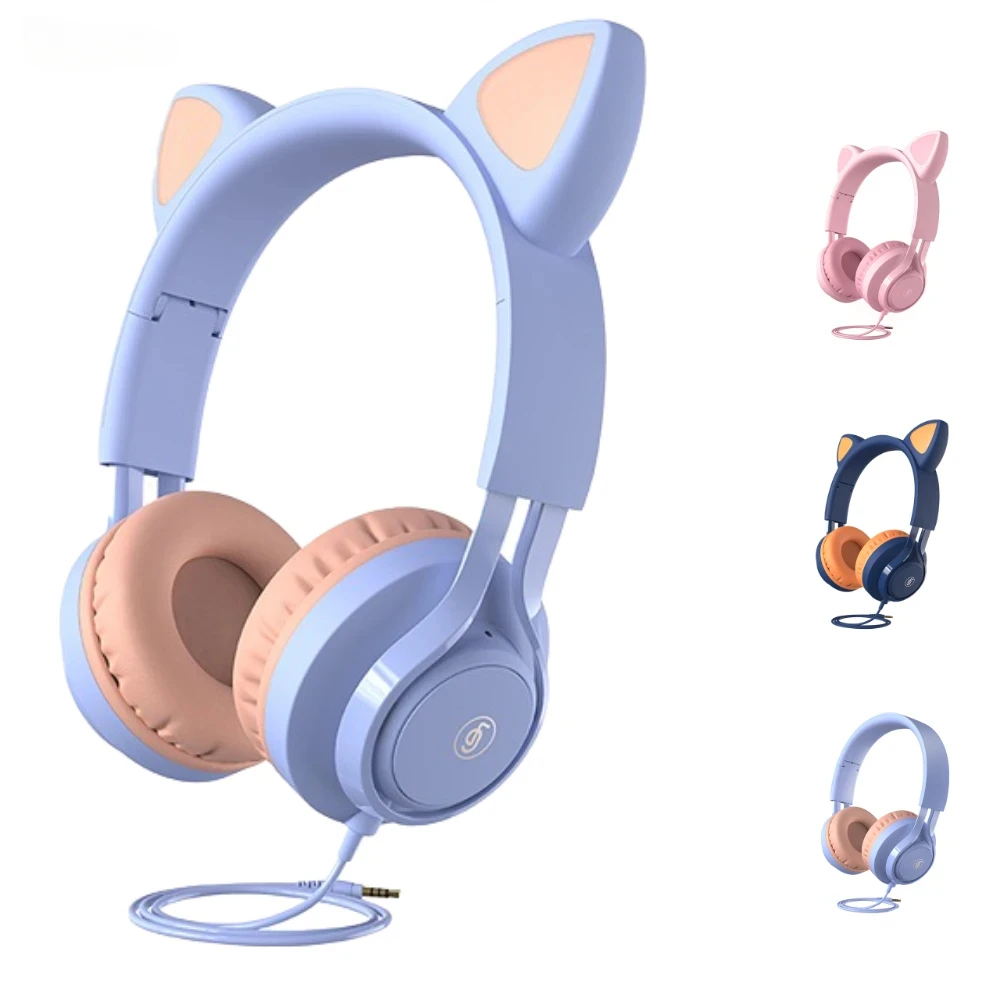 

Kids Headsets Cute Cat Ear Headphones Pink Girl Wired Gaming Headset Stereo 3.5mm Foldable With Microphone Music Children's Gift