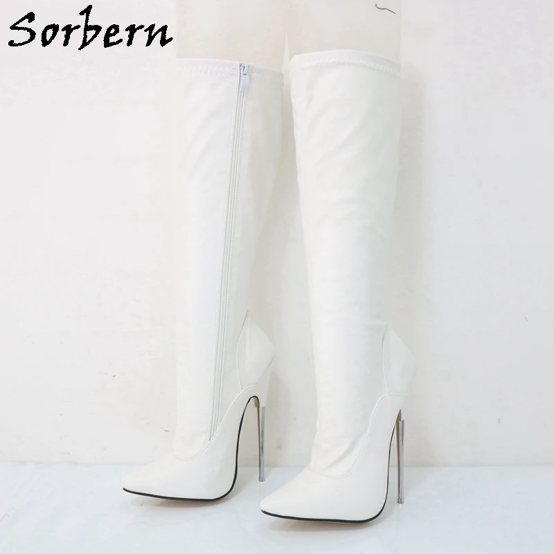 Sorbern White Matte Knee Length Women Boots 18 CM High Thin Metal Heels Pointed Toe Boots Unisex Custom Leg Fit Multi Color