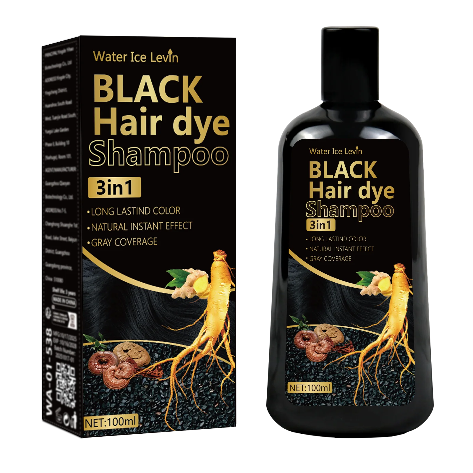 Shampoing colorant noir intense 3 en 1. Couleur riche et longue durée, couverture des cheveux gris. Extraits de gingembre et de polygonum bio. Doux et efficace._voghion.com