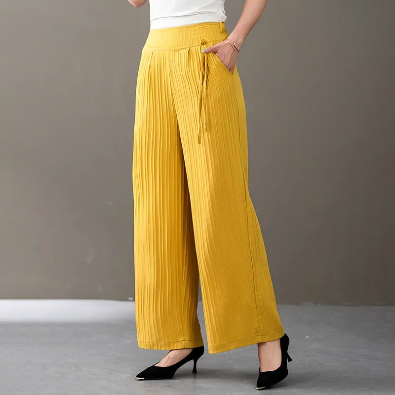 New Chinese Style Embossed Wide Leg Temperament Nine-point Women's 2025 New Elastic High Waist Buckle Casual Pants