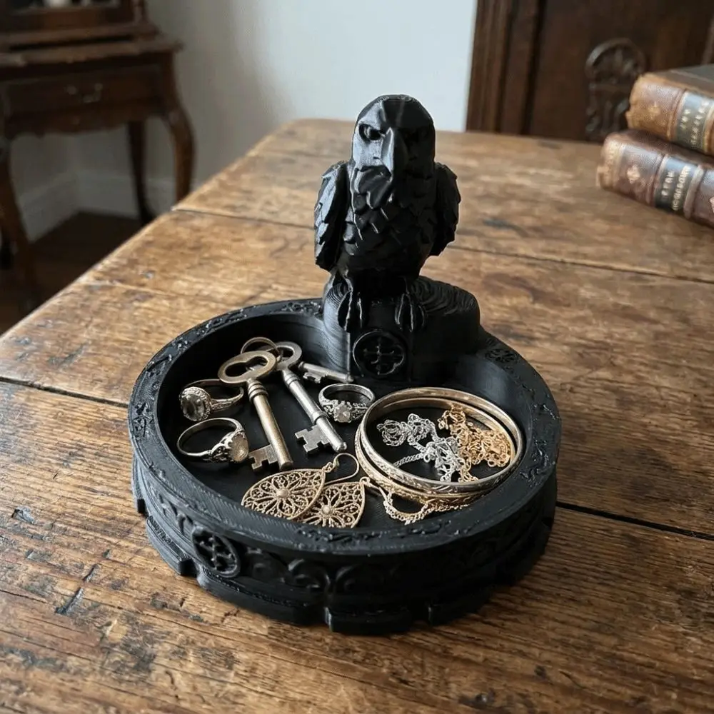 Gothic Dark Style Jewelry Storage Tray Lightweight Black Crow Sculpture Elegant Versatile Halloween Storage Dish