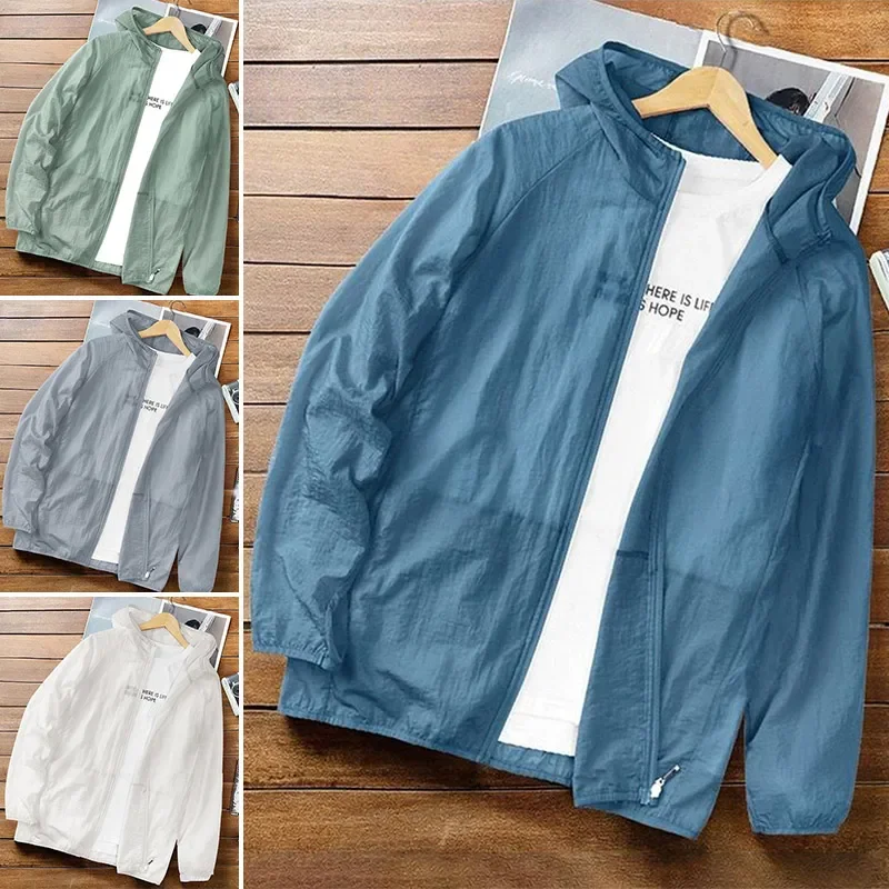 Casual Sunscreen Clothing Loose Hooded Outwear Summer Sunscreen Jacket for Men Men\'s Quick Dry Sun Protection Skin Coats