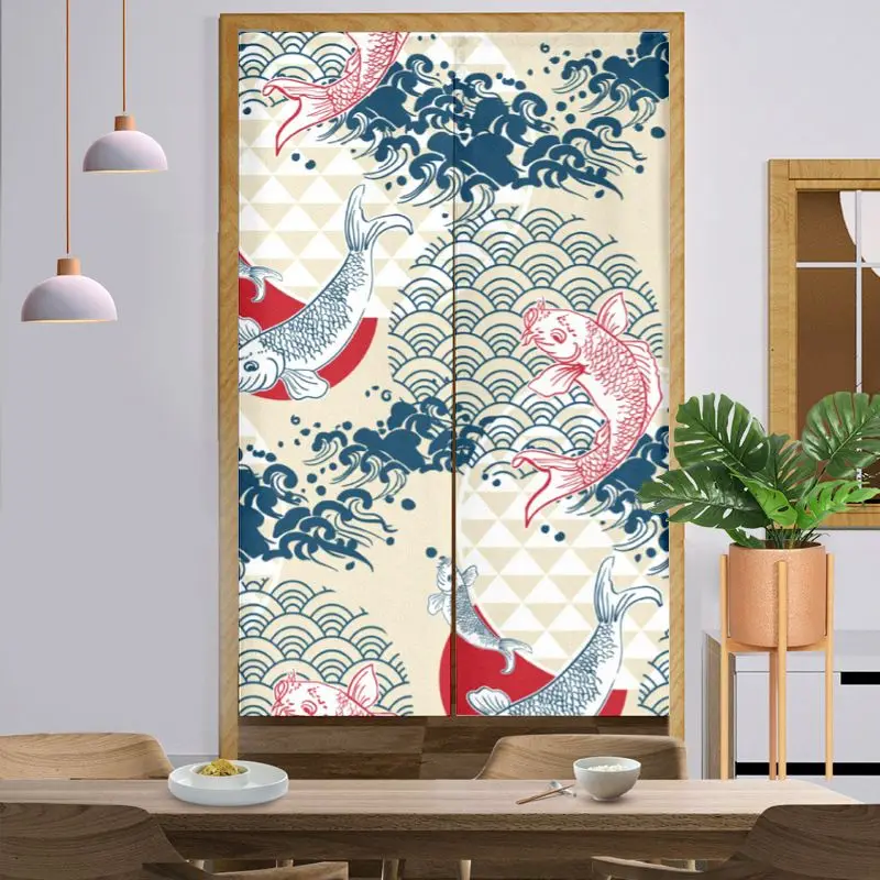 VIKAMA Ukiyo-e Koi Japanese-Style Half-Door Curtain, Wavy Print Fabric Curtain, Entryway Privacy Divider, Home Decor
