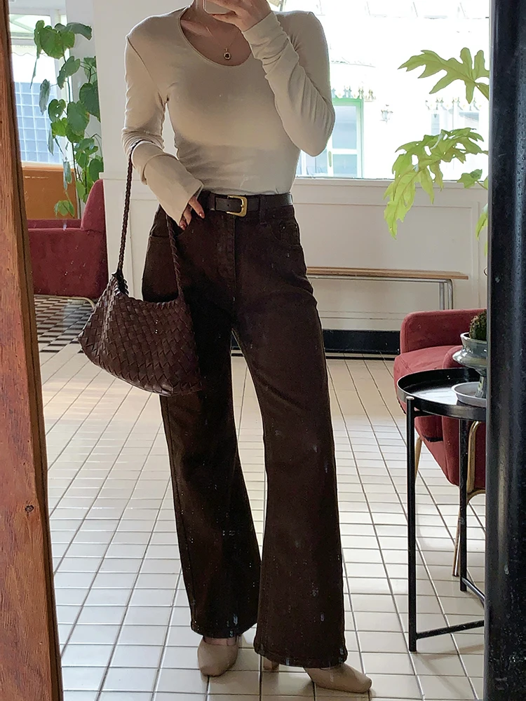 Thickened Fleece Autumn Winter Vintage Coffee Color Flared Jeans Women's Small Size Nine Points High Waist Straight Leg Jeans