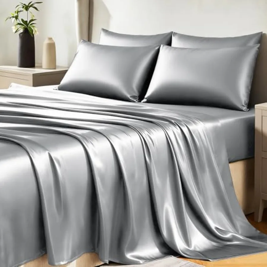 Satin Sheets Size Sheet Set - 6 Pcs Silky Sheets, Luxury Bed Set with Smooth and Soft Microfiber, Includes 1 Fitted Sheet, 1 Fl