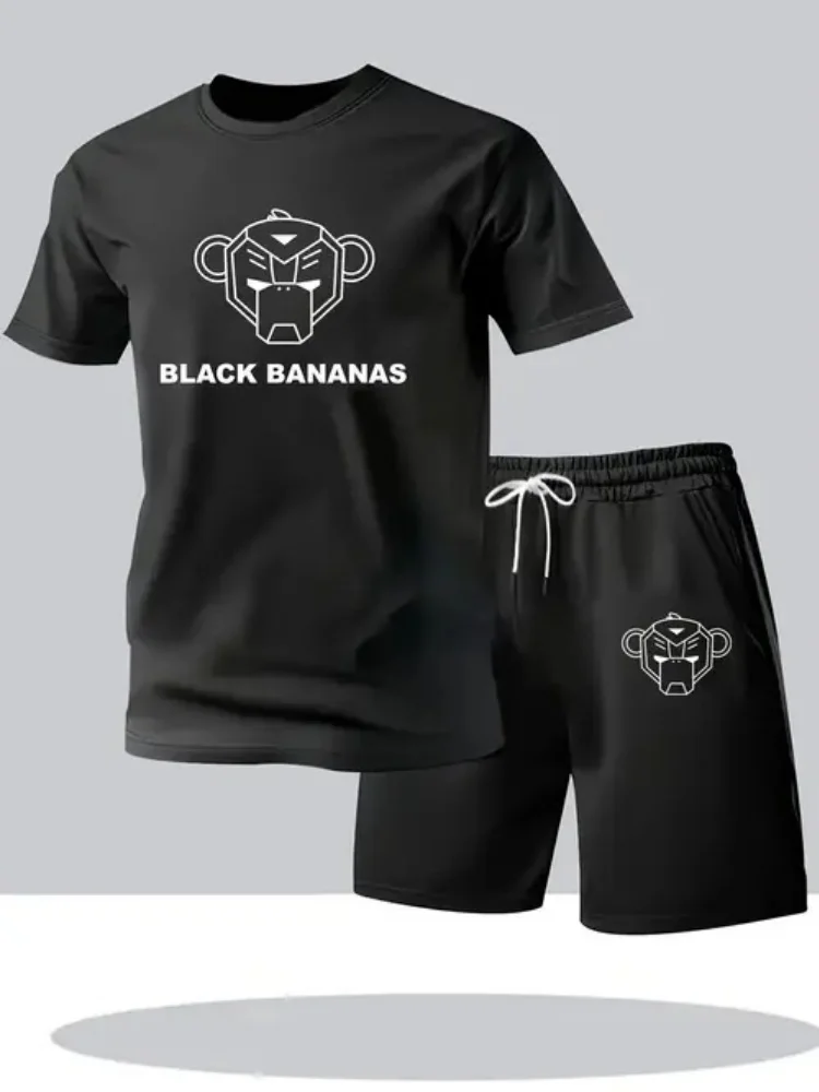 

Men'S Casual Short Sleeve and Shorts Set, Simple and Fashionable, Breathable, Crew Neck, Loose Fit, Polyester Spandex, Alphabet