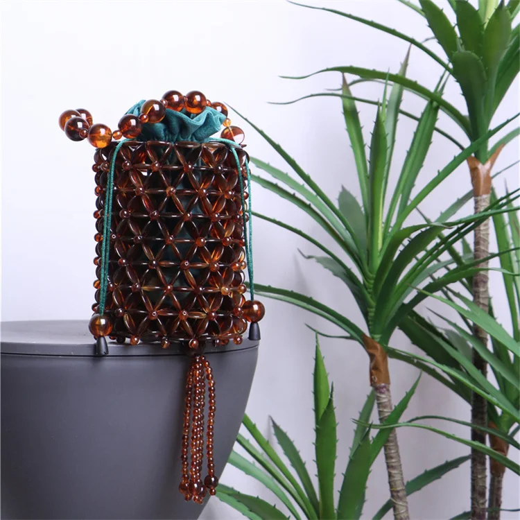 【Wonder Lamar】2023 retro Handmade Luxury Hand Bags Acrylic Woven turtle color Tassel bucket Beaded Bag