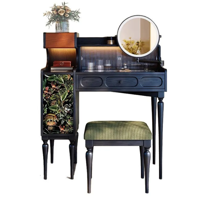 

Small apartment master bedroom black solid wood dresser feeling medieval storage makeup table