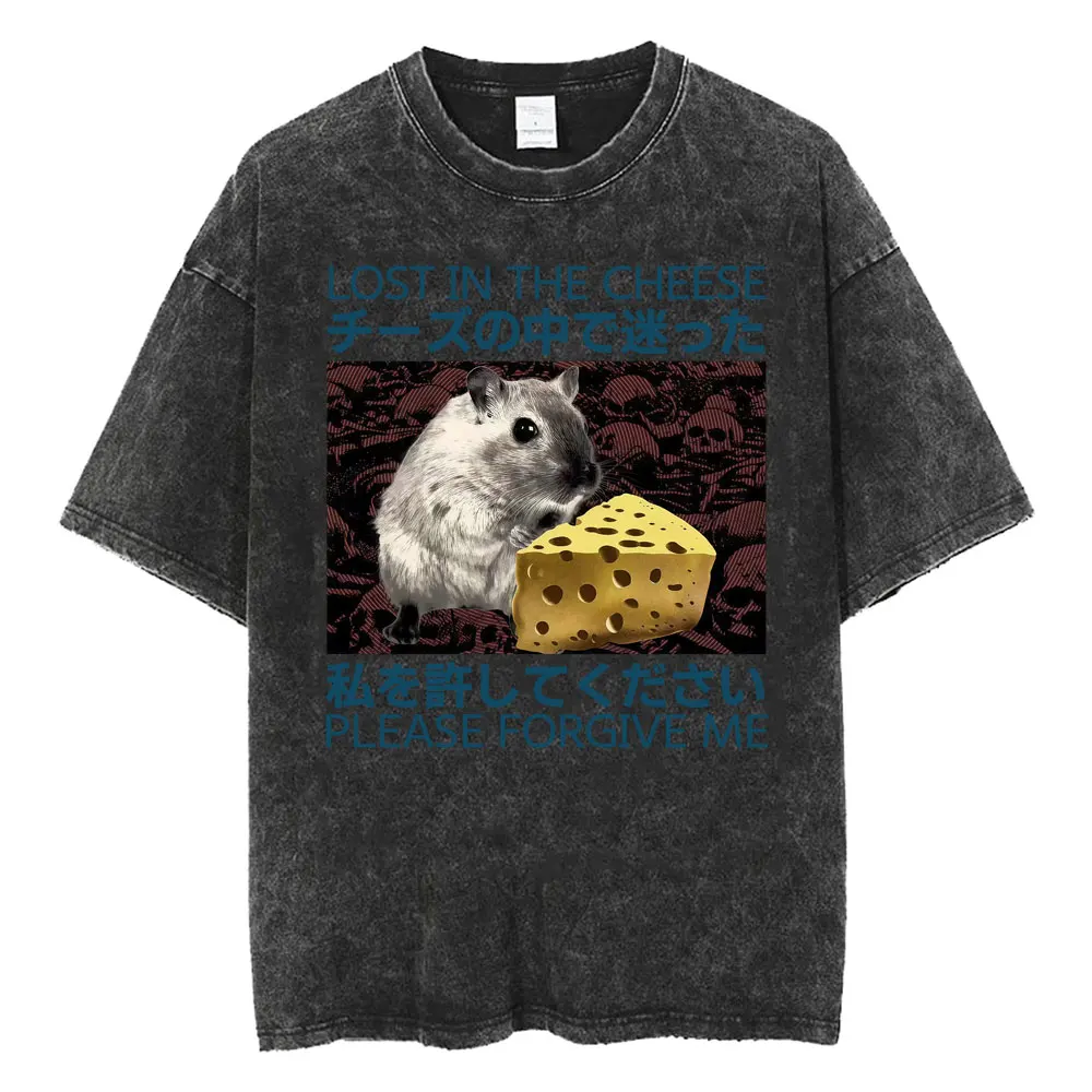 Lost in Cheese Please Forgive Me Japan Rat Vintage Washed T Shirt Funny Hamster Meme T Shirts Men Women's Fashion Gothic T-shirt