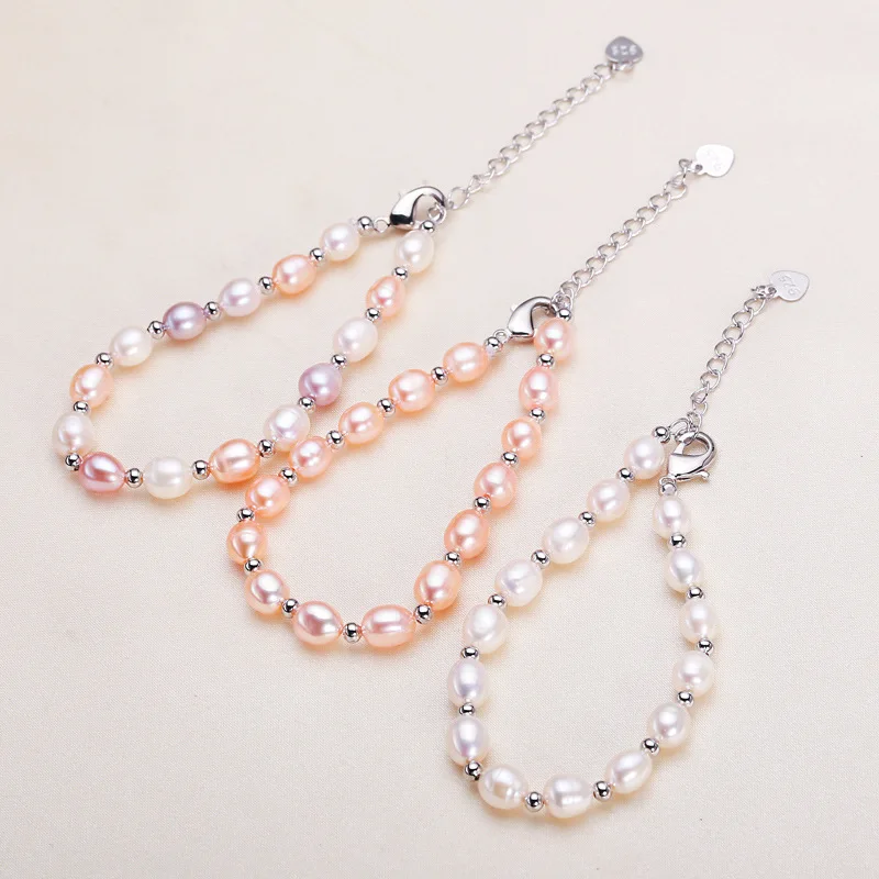 

YWYC 2025 Newest 6-7mm Rice Shape Freshwater Pearl Bracelet for Women 16cm+5cm White Pink Mix Color Adjustable Bracelet Jewelry