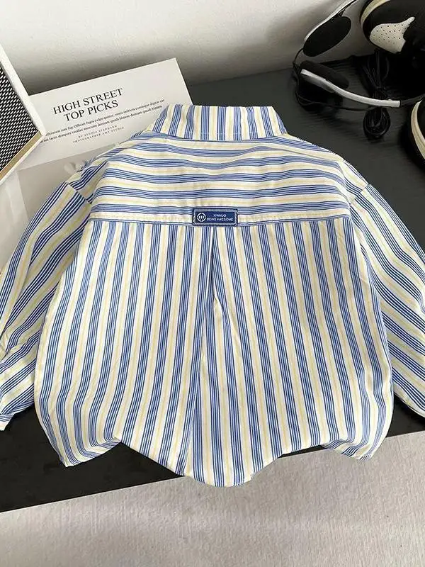 

Модная полосатая хлопковая рубашка-куртка для мальчиков, тонкая осенняя, с лоскутным дизайном, повседневная, с длинным рукавом, свободного кроя, класс А