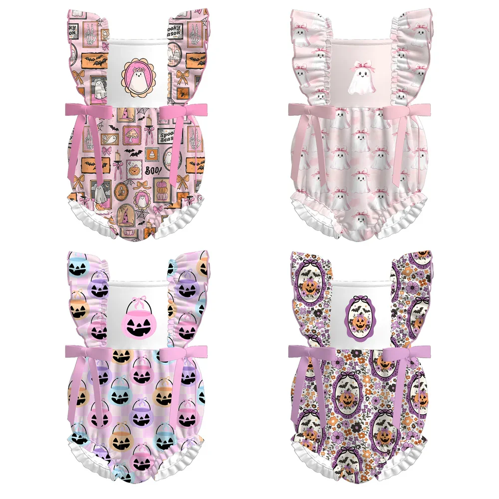 Halloween Toddler Baby Girls Spooky Pumpkin Ghost Bows Flutter Sleeve Soft Stretchy Boutique Romper Sleepers Rompers
