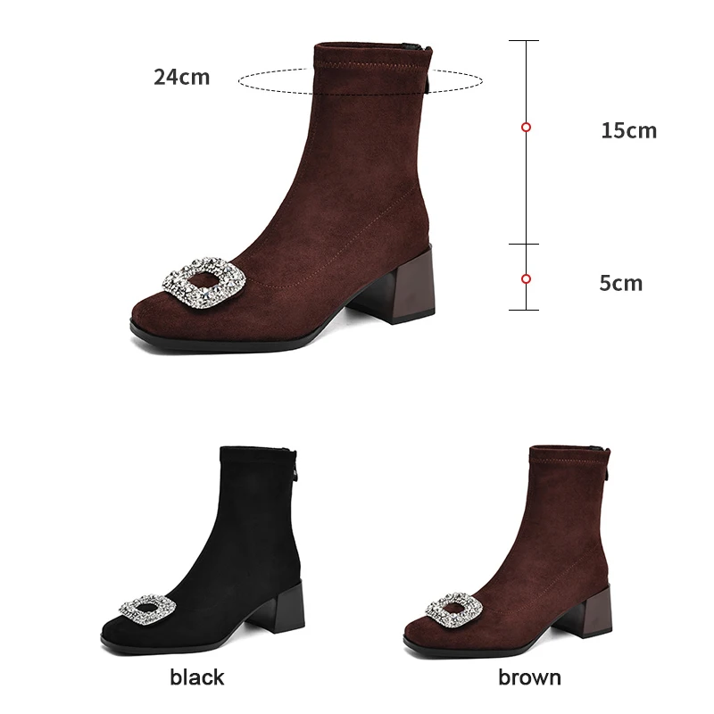 Woman Sock Ankle Boots Fashion Elegant Rhinestone Shoes Autumn Winter High Heels Back Zipper Women's Flock Stretch Short Booties