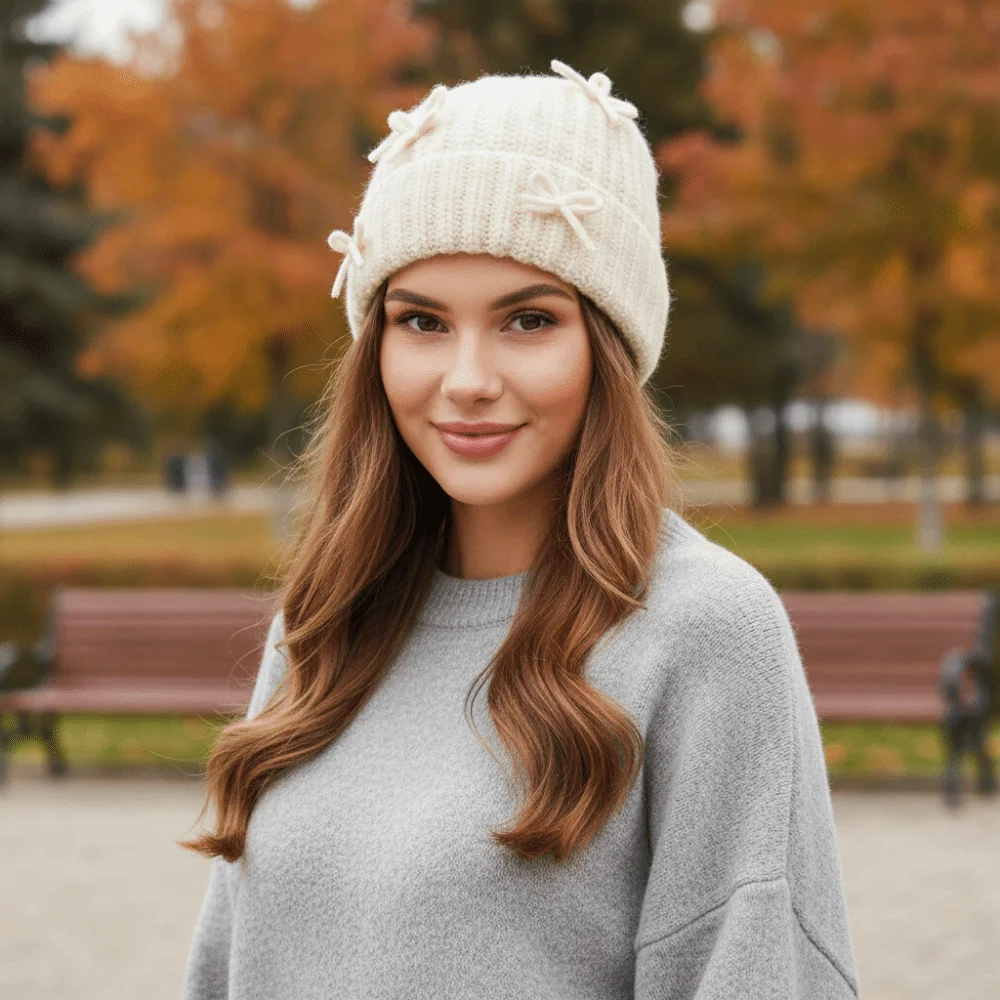 الرجعية سميكة قبعة صغيرة محبوكة قبعة Bowknot الكورية نمط الصوفية البلوز قبعة دافئة بلون الكورية الحلو القوس قبعة في الهواء الطلق #1