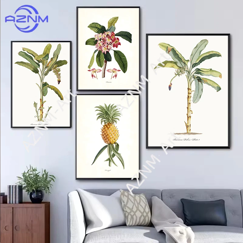 Vintage Tropical Botanical Print Pineapple Coastal Botanical Poster Palm Trees Canvas Paintings Wall Art for Room Home Decor