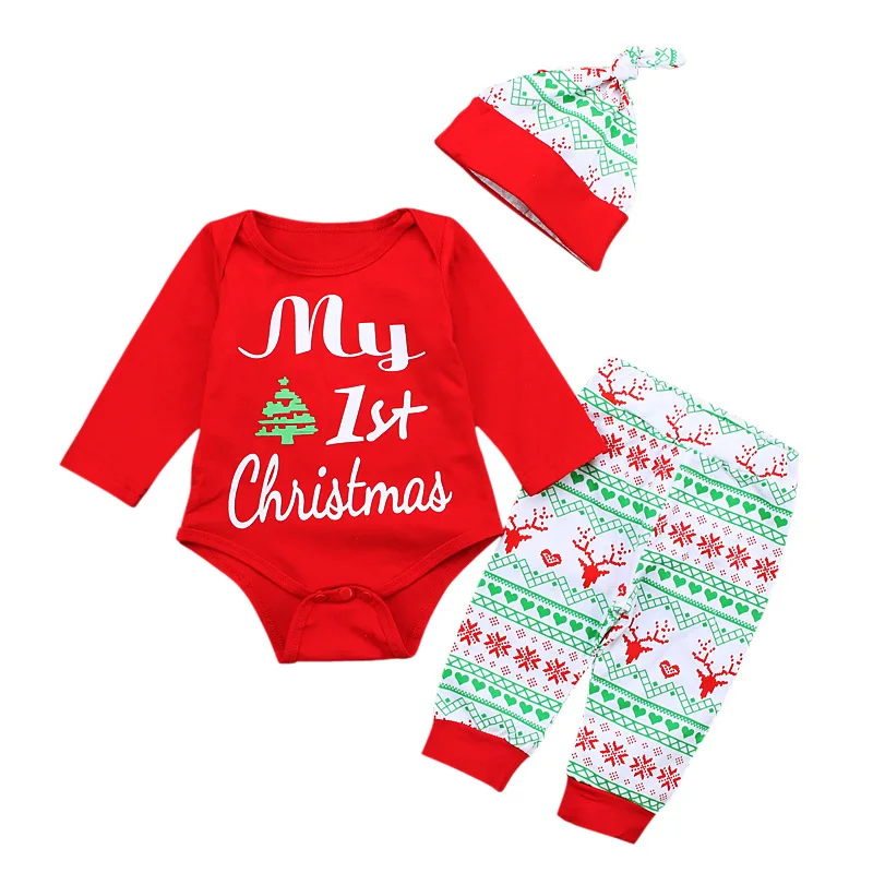 

Children Girl Clothes 1st Christmas Bodysuit+Pant+Hat 3Pcs Set Autumn Long Sleeve Baby Jumpsuit Playsuit Red Party Romper A654