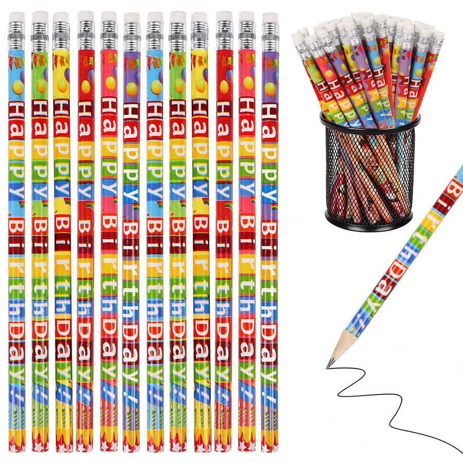 12Pcs Colorful Happy Birthday Theme HB Writing Pencils Stationery for Birthday Party Favors Back To School Pinata Fillers