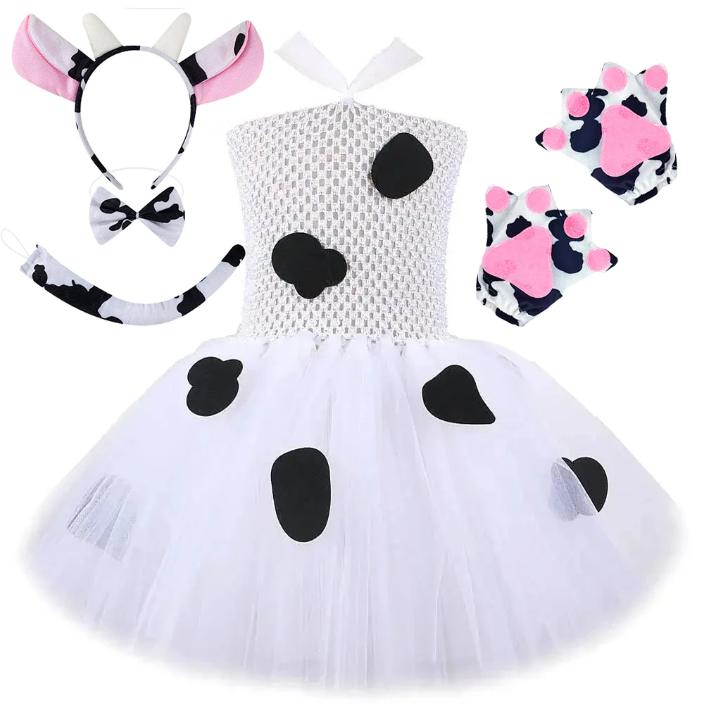 Kids Milk Cow Tutu Dress with Ears Bowtie Tail Girls Animal Dairy Cattle Costumes Set Children Halloween Carnival Diguise Outfit