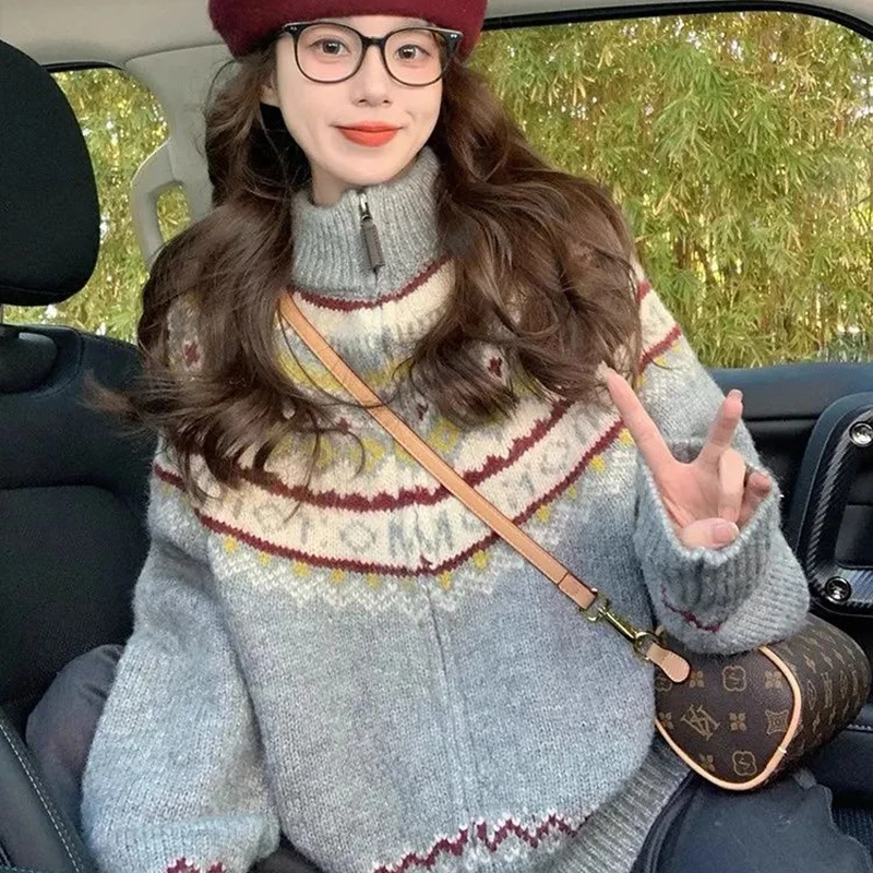

Fair Isle Sweater Vintage Thick Warm Zipper Long Casual Knitted Tops Fashion Oversized Cardigans Female Autumn Winter 2025 New