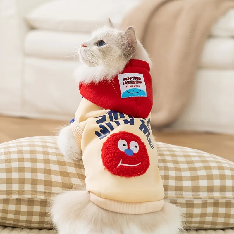 Cat Hoodie Winter Sherpa Fleece Sweatshirt Two Legs Warm Plush With Leash Hole Harness Access Drawstring Smiley Cat Clothes Cozy