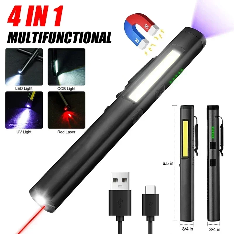 4-in-1 UV Flashlight 395nm Portable Pen Clip Flashlight USB Rechargeable COB Floodlight Work Lamp for Repair Emergency Camping