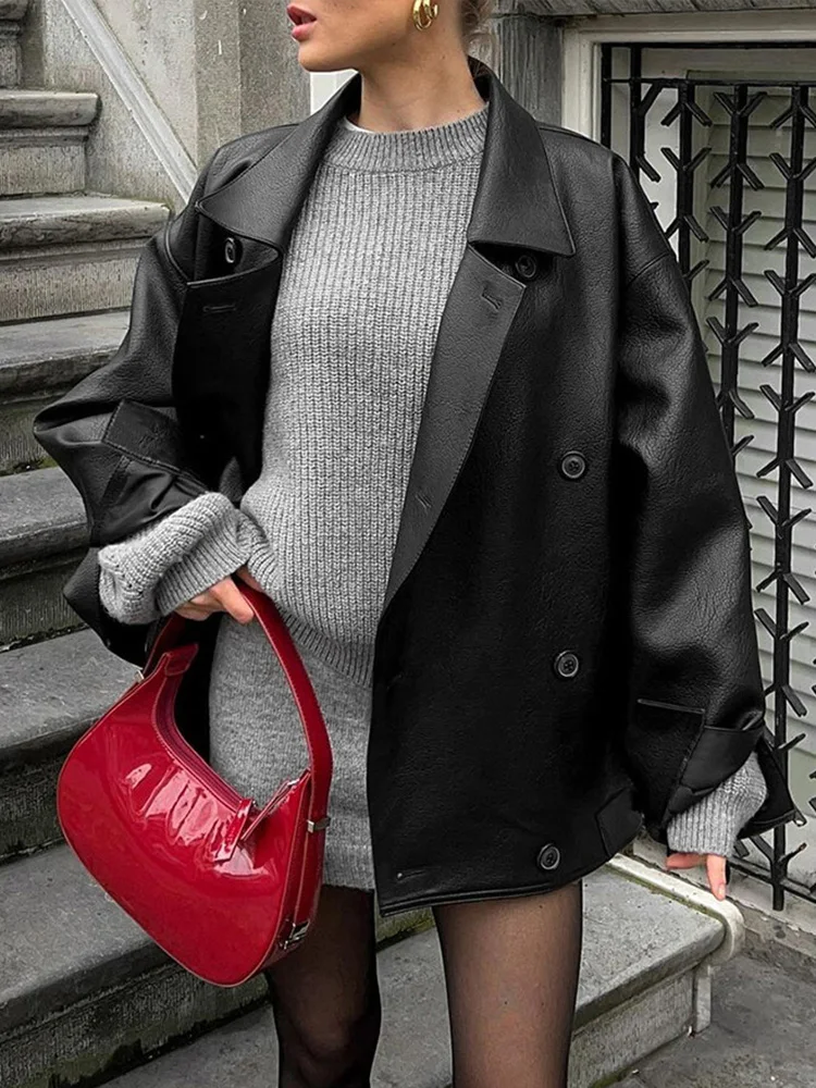 Modne, luźne kurtki skórzane w stylu vintage dla kobiet, eleganckie płaszcze z długim rękawem i kołnierzem garniturowym, nowa kolekcja skórzana na jesień i zimę 2025.