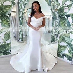 Classic Mermaid Satin Wedding Dress for Women Simple Off the Shoulder White Pleat Bridal Gowns Chapel Train Robe De Mariee 2024