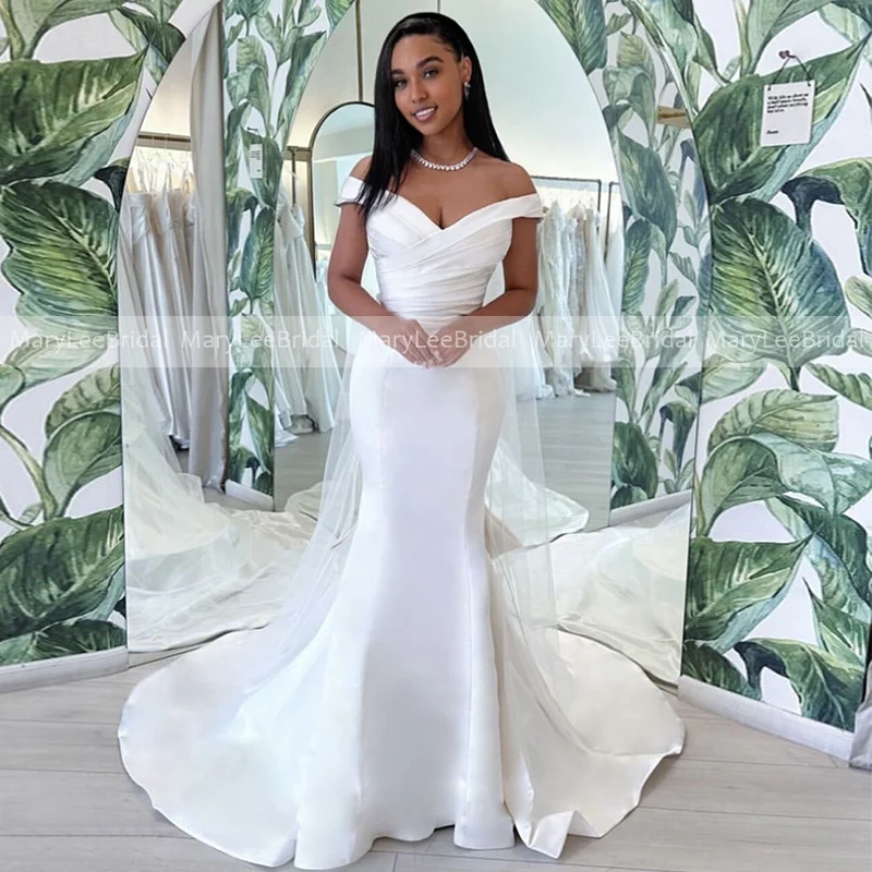 Classic Mermaid Wedding Dress for Women Customized Off the Shoulder White Pleated Satin Bridal Gowns Chapel Train Robe De Mariee