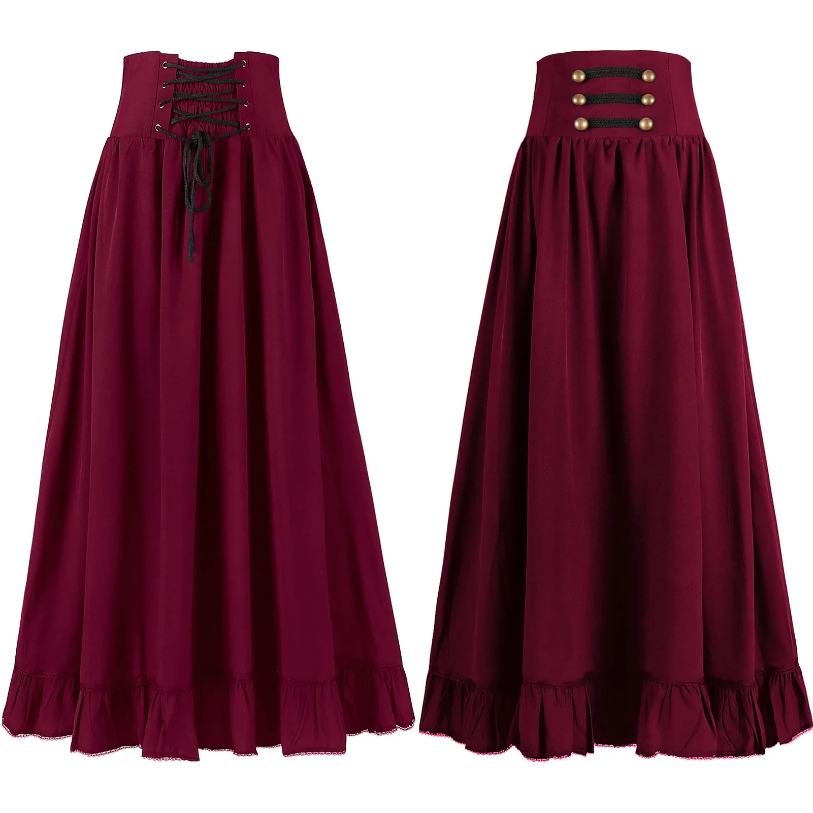 

Renaissance Pleated Maxi Corset Button Retro Skirt Women A Line Costume Victoria High Waist Gown Big Swing Floor Ruffle Skirt