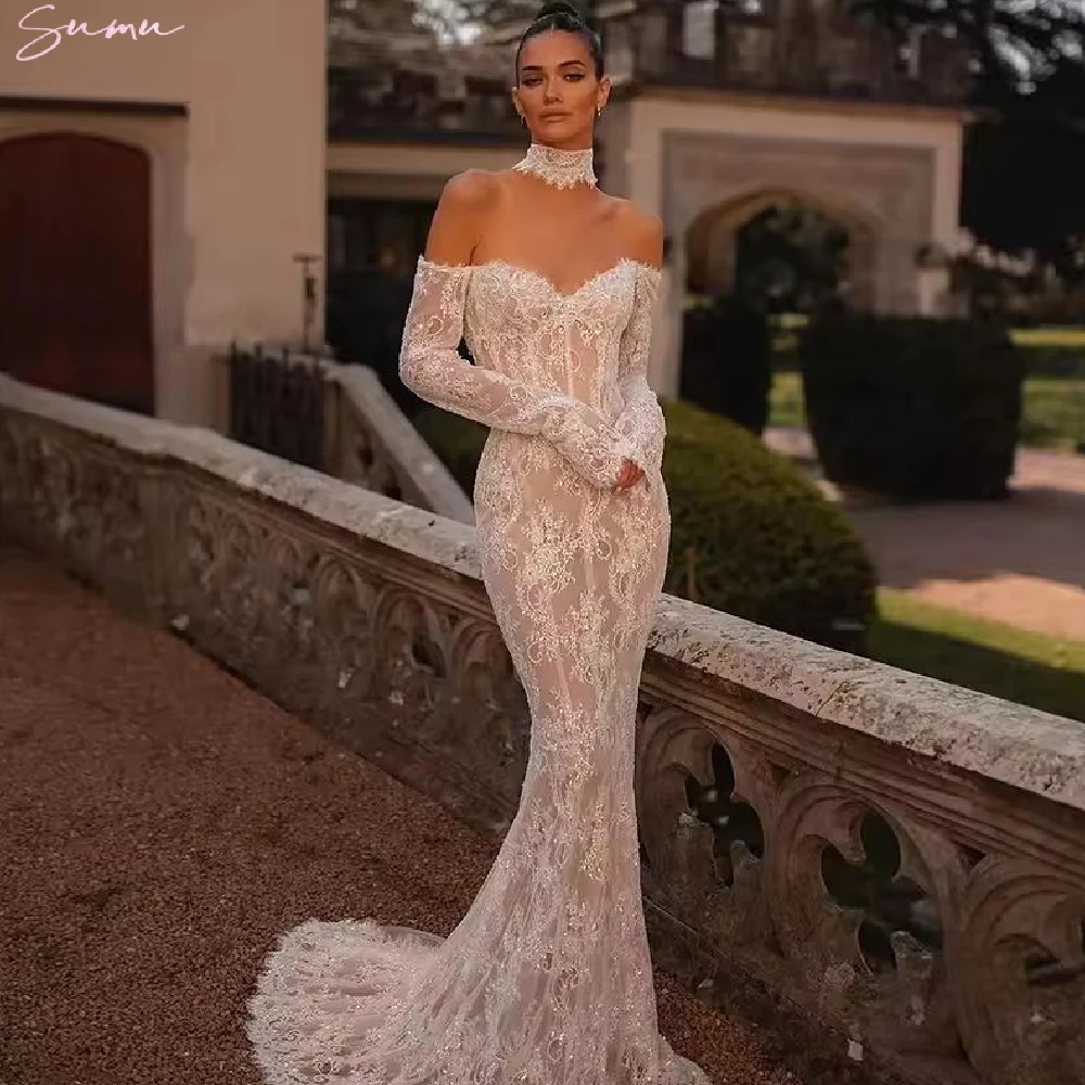 فستان زفاف رائع طويل حورية البحر من الدانتيل فستان زفاف مثير بدون حمالات الوهم قبالة الكتف عتيق بدون ظهر فيستدوس دي نوفيا