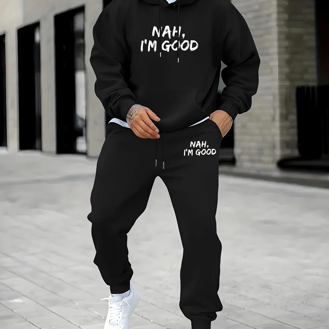 Men 2026 Trendy Printed 2‑Piece Tracksuit Hoodie & Sweatpants Loose Fashion Casual Streetwear Outfit for Outdoor Jogging