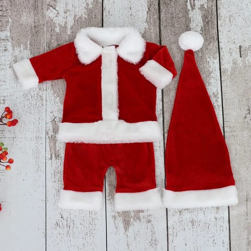 Disfraces de Navidad, ropa de fotografía para bebé, Tops y pantalones suaves de Papá Noel, conjuntos de sombrero de bola de piel, trajes para sesión