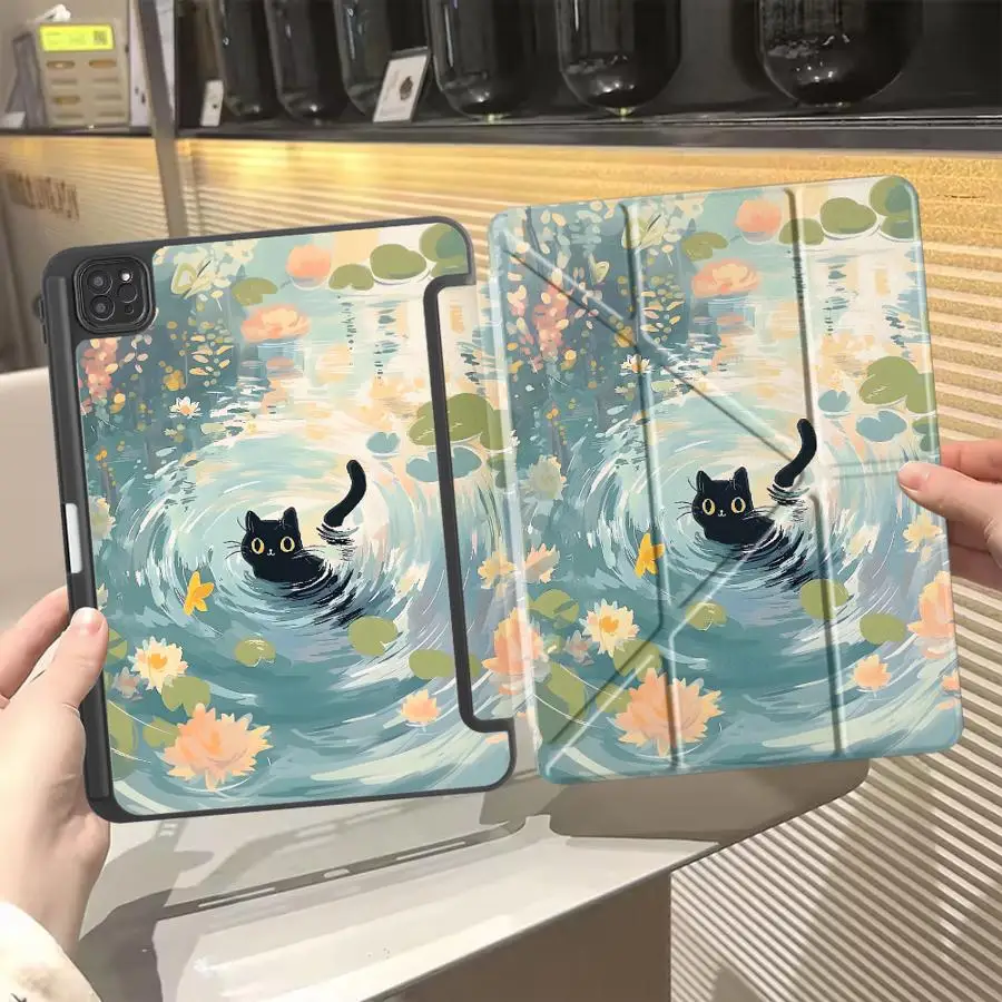 

Чехол для планшета iPad Air 4 5 M3 M2 1 2 M4 11 дюймов, Mini 6 7 Pro 11th 10th 9th 8th 7th, 12.9 дюймов Pro 2025, с держателем, черный, с изображением кошки