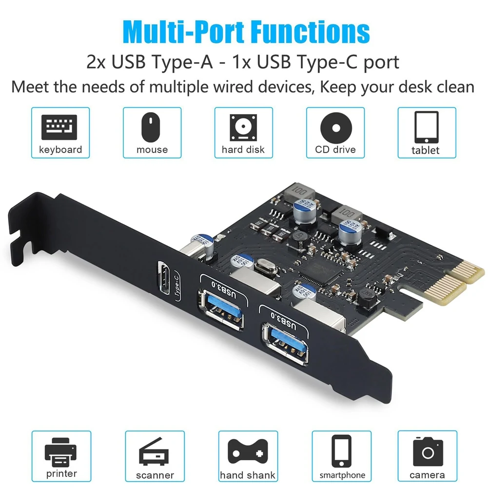 Tarjeta PCIE USB A56XQ Entrega de energía de 18 W, PCI Express 3 puertos (tipo C, 2 X tipo A) Tarjeta de expansión de tarjeta de carga rápida PCIe USB 3.0