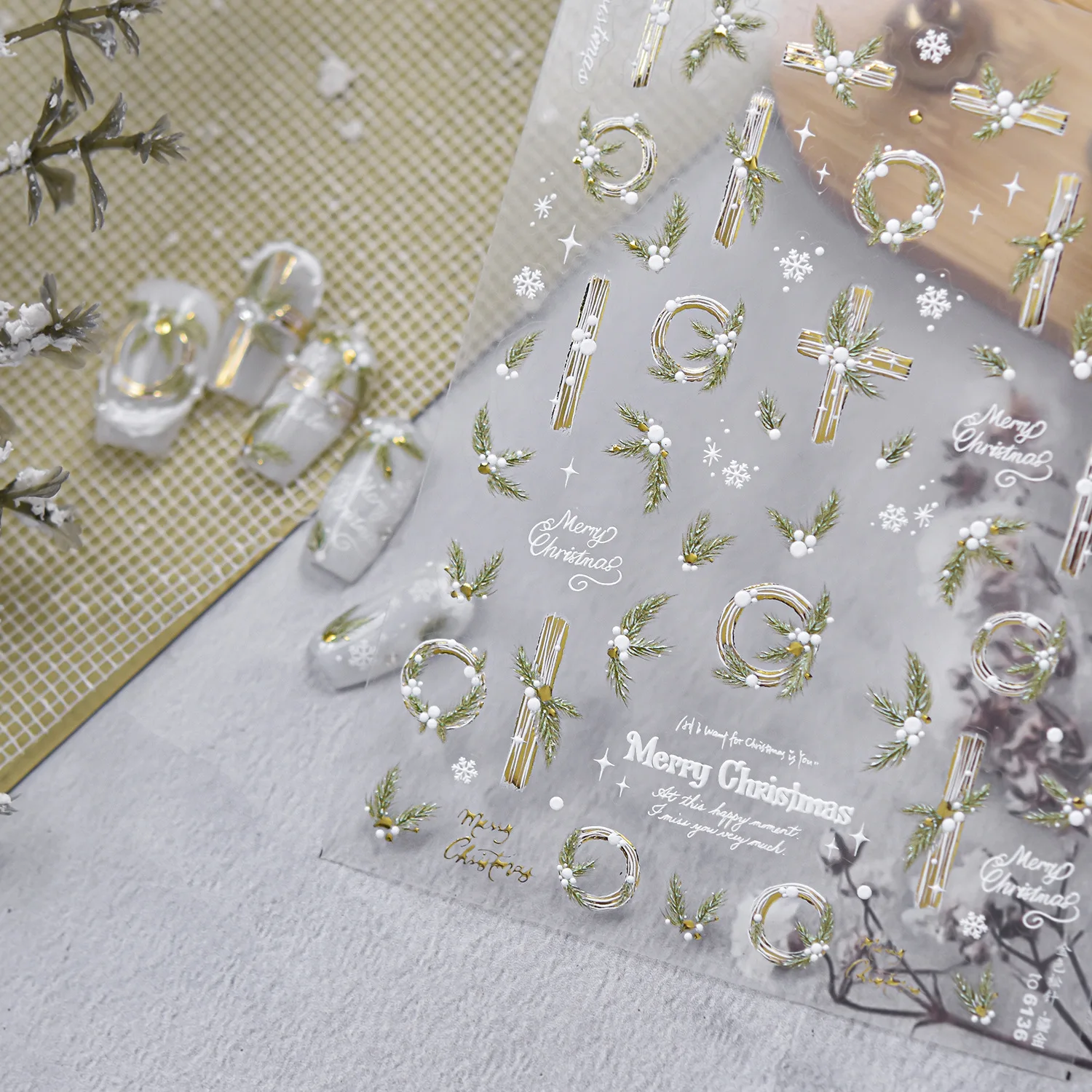 Festive 5D Christmas Nail Stickers Green Pine Sprig Golden Berry Wreath Snowflake Cross Self‑Adhesive Nail Decals Winter Xmas