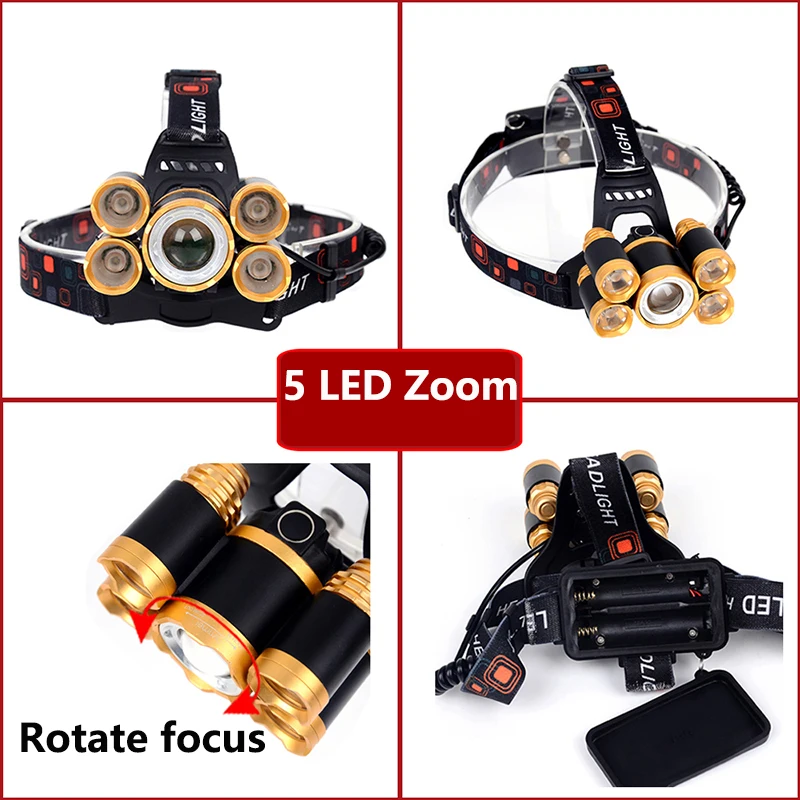 New Arrival Powerful Led Headlamp Zoom Fishing Headlight Head lamp Flashlight with USB Rechargeable 18650 batteries+charger