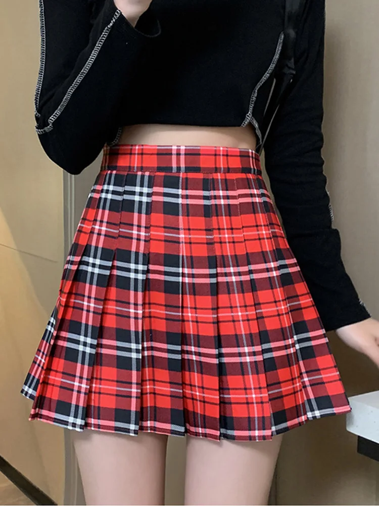 Minifalda plisada a cuadros rojos para mujer, faldas cortas informales de cintura alta, ropa de calle Harajuku