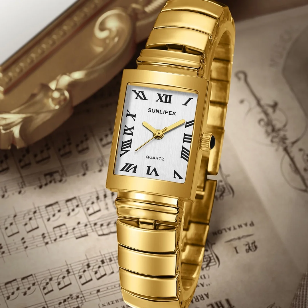 

Sunlifex Деловые золотые женские часы Прямоугольные женские кварцевые часы Рим Простые складные часы из нержавеющей стали Reloj Mujer