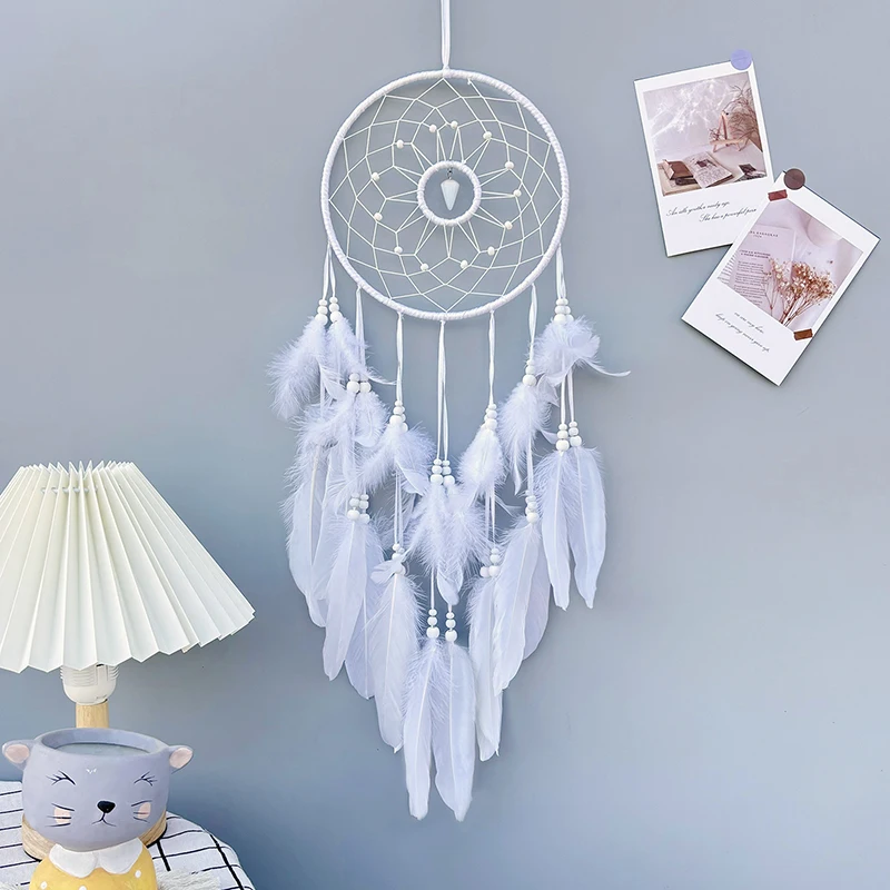 Nordic Dream Catcher Handmade  White Feather Wind Chimes Crystal Wall Pendant Birthday Festival Gifts Bedroom Hanging Ornaments