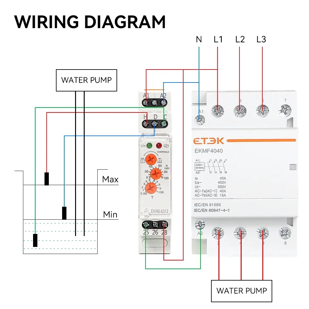 ETEK Floatless Water Level Relay Switch Electronic Type 3 Knob Working Voltage 24-240VAC/DC 0.5S-10S Delay EKR8-6312