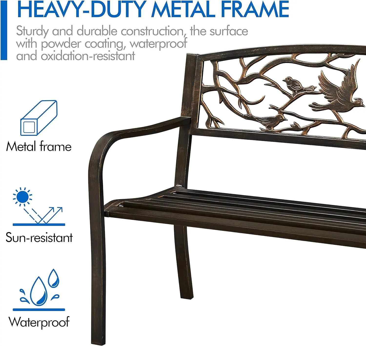 Patio Garden Bench Outdoor Cast Iron Metal Bench, w/Bird Design Backrest, Slatted Seat, Park Bench Outdoor Furniture for Porch