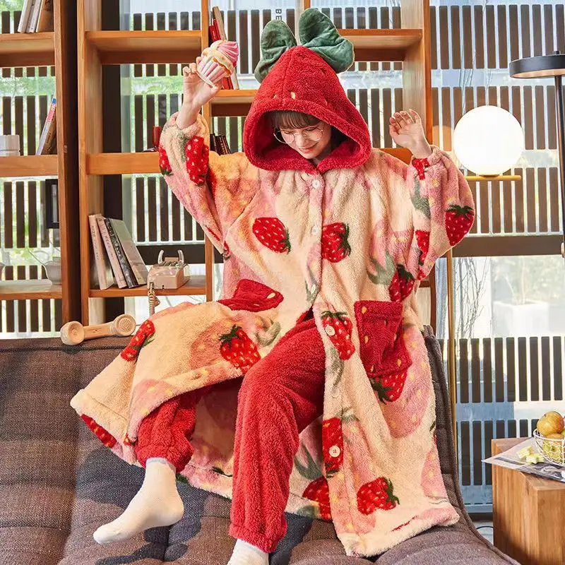 Hooded Women\'s Bathrobe Flannel Robe Sets Thick Dressing Gown Winter Cartoon Plush Pajamas Set Sweet Nightgown With Pants Nighty