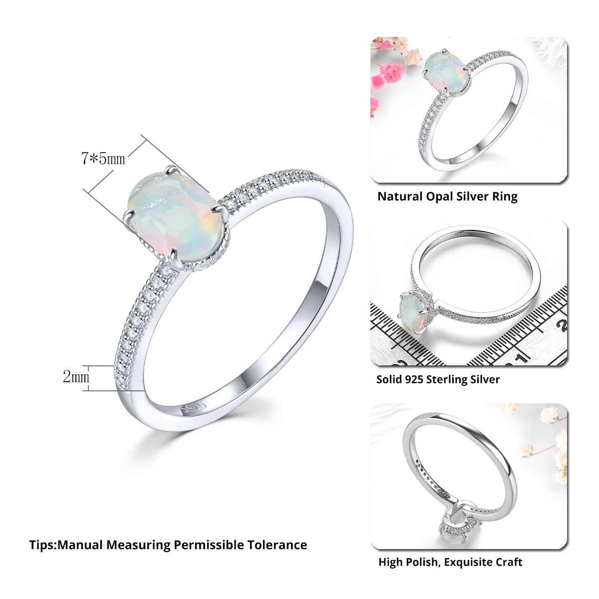 Natural Opal Solid Sterling Silver Rings 0.4 Carat Genuine Faced Opal Simple Classic Fine Jewelry Design Daily Style Gifts