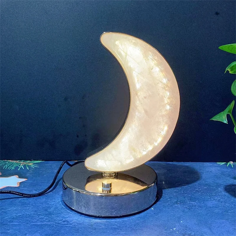 Natural Rose Quartz Moon Night Lamp Crafts Girl Gift Room Decoration Atmosphere Lamp For Birthday Gift 1PCS