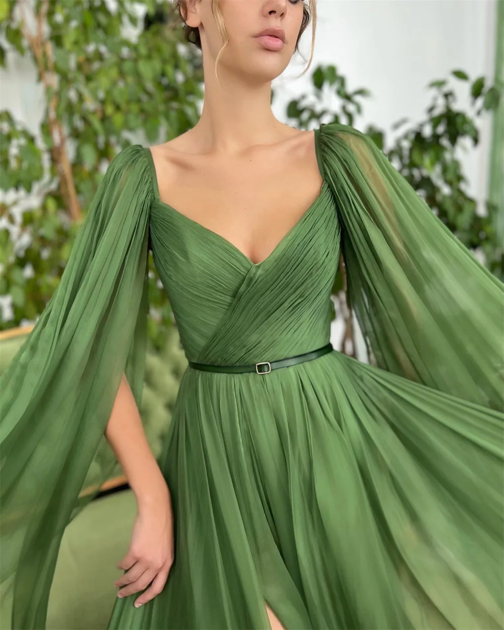 Bella Green Chiffon A-line Prom Dresses V-neck Floor-Length Wedding Dress Customized Sleeveless Long Shawl Vestidos De Fiesta