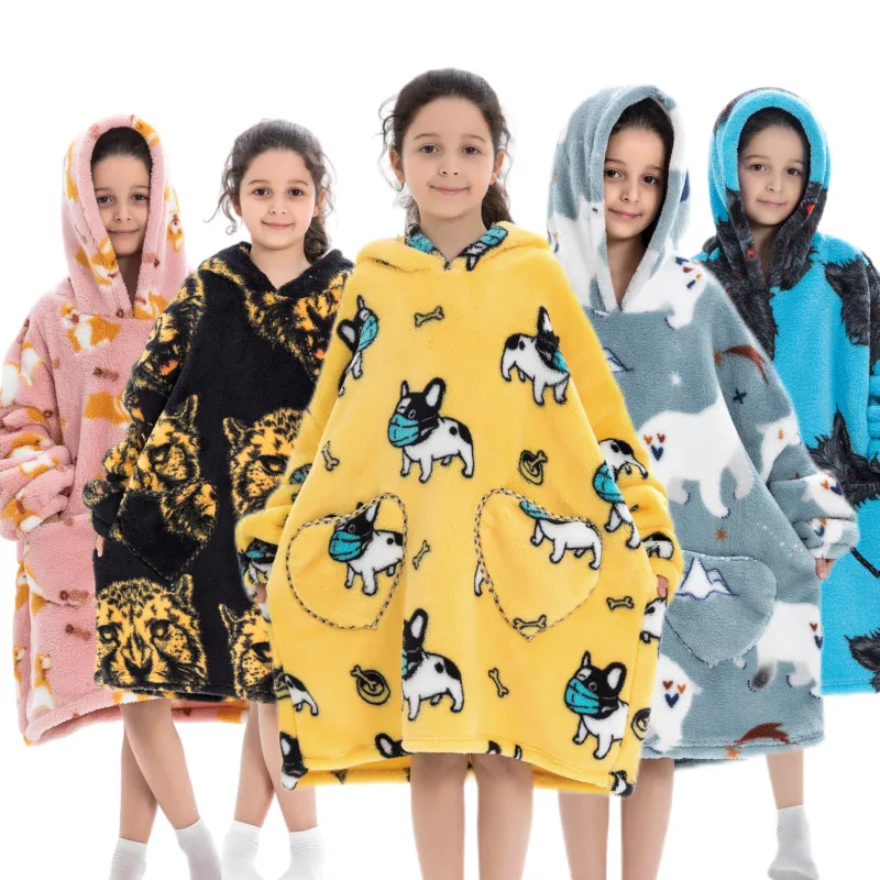 Kids Babys Warm Thick Oversized Wearable Blanket Hoodie for Winter Giant Polyester Blanket with Sleeves Cartoon Animal Print