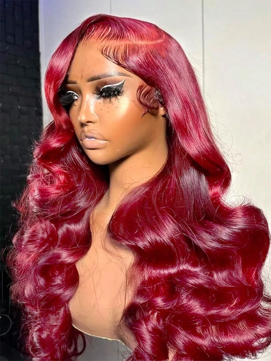 30inch 99j Burgundy  13x4 Body Wave Lace Front Wigs Human Hair Pre Plucked 200% Density  HD Transparent Human Hair Red Wigs